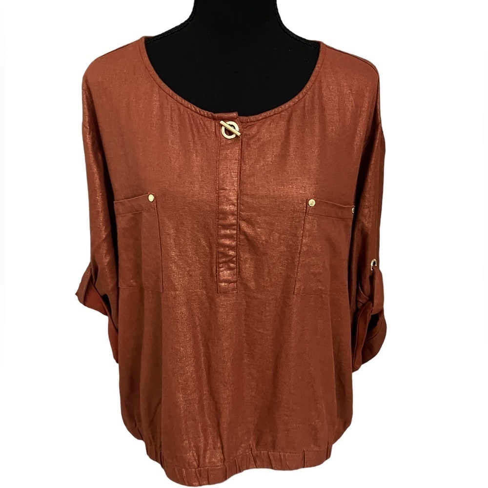 Ellen Tracy Linen Burnt Orange Gold Shimmer Cropped Blouse XL